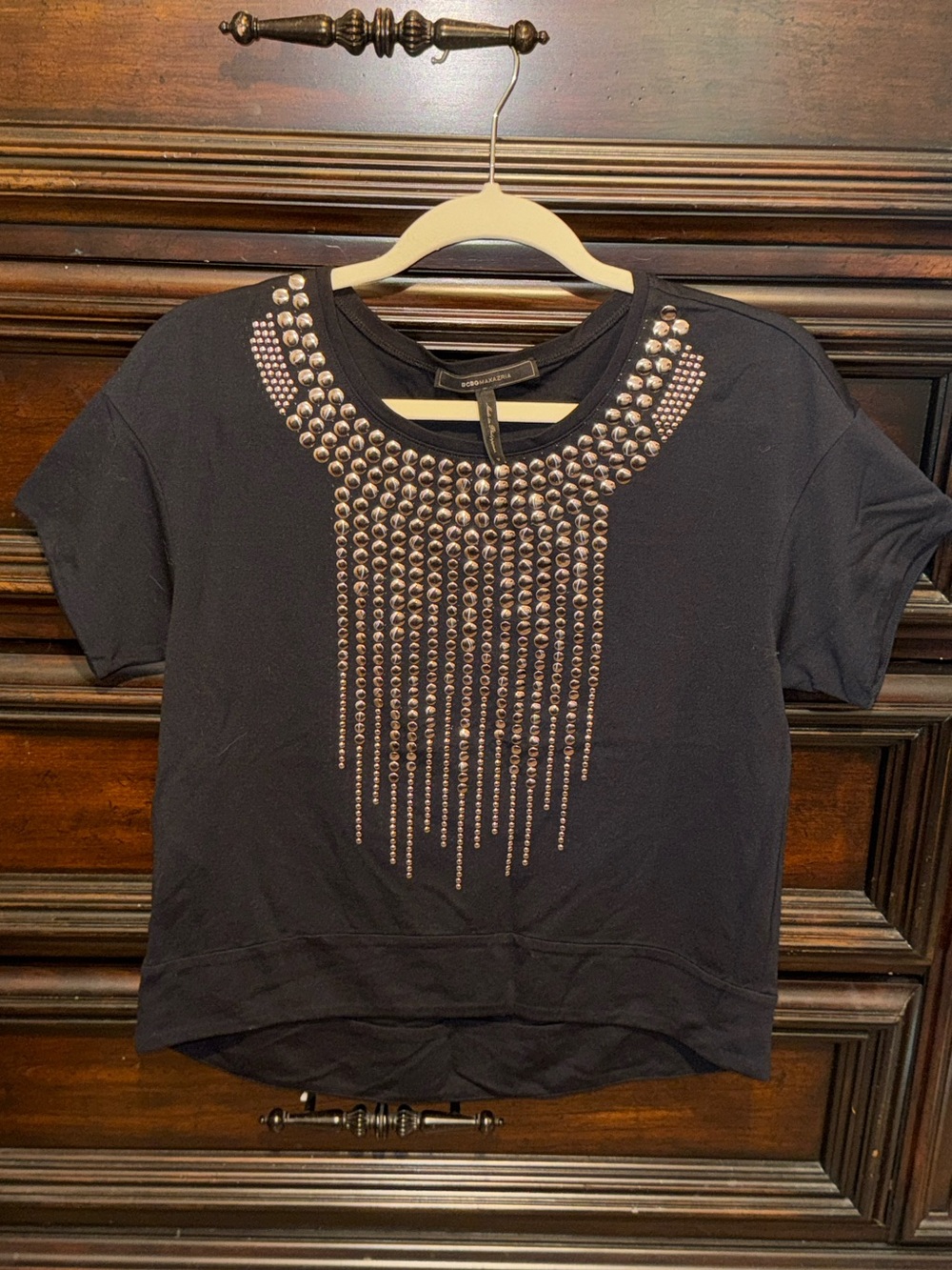 BCBG MAX AZARUA Embellished Black Women's Short-Sleeve Top